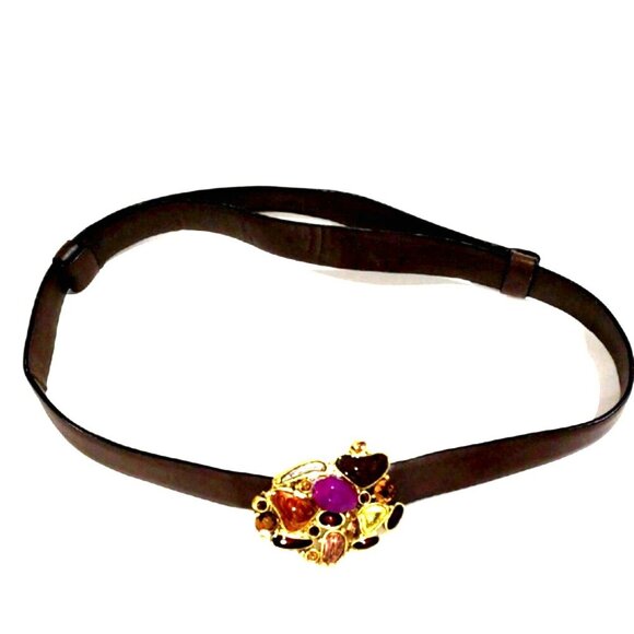 Chico's Brown Leather Belt w/ Gold & Multi-Stone Buckle  Stylish Women's Fashion - Picture 1 of 8